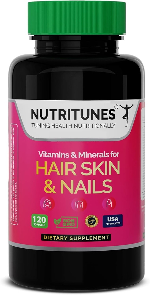 Pele e unhas Vitaminas – Biotina e fórmula de colágeno com vitaminas B, zinco e selênio – Promove a força do cabelo, hidratação da pele & saúde das unhas – 120 Softgels