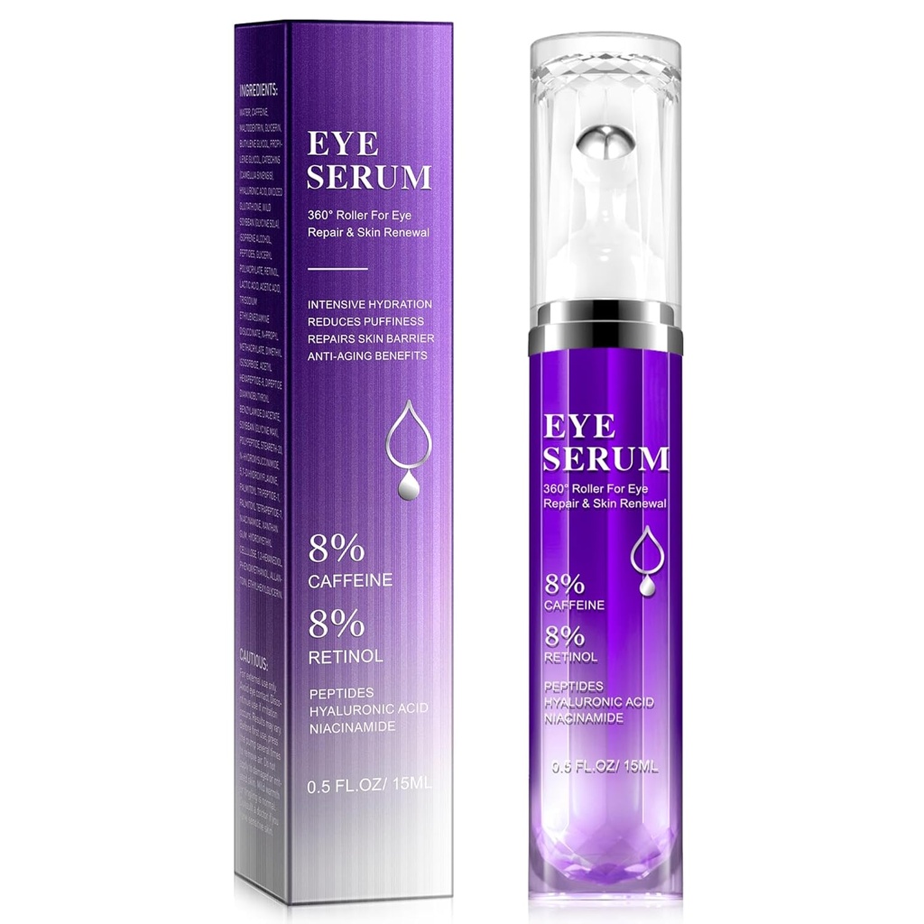 Sob o soro do rolo do olho - 8% Cafeína e 8% Retinol Creme do olho para círculos escuros, Puffiness e sacos, Sacos Puffy Linhas finas rugas, 360° Creme de bola de massagem, Serum de ácido hialurônico para homens e mulheres