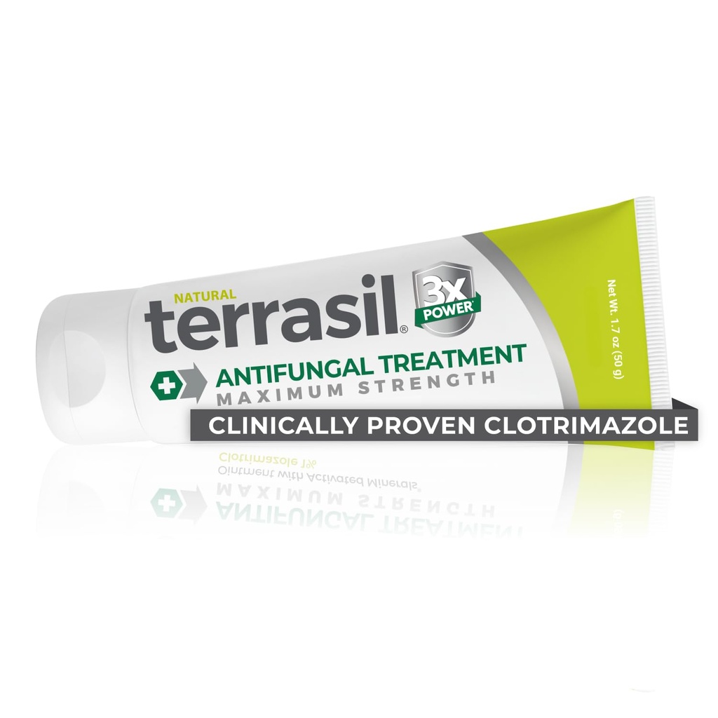 Terrasil Clotrimazol Antifúngico Creme, Alívio para Infecções Fungal Levedura, Jock Coceira, Atletas Pé, Ringworm para homens e mulheres, Tratamento clinicamente comprovado de fungos da pele. FSA-HSA Elegível (1,7 onças)
