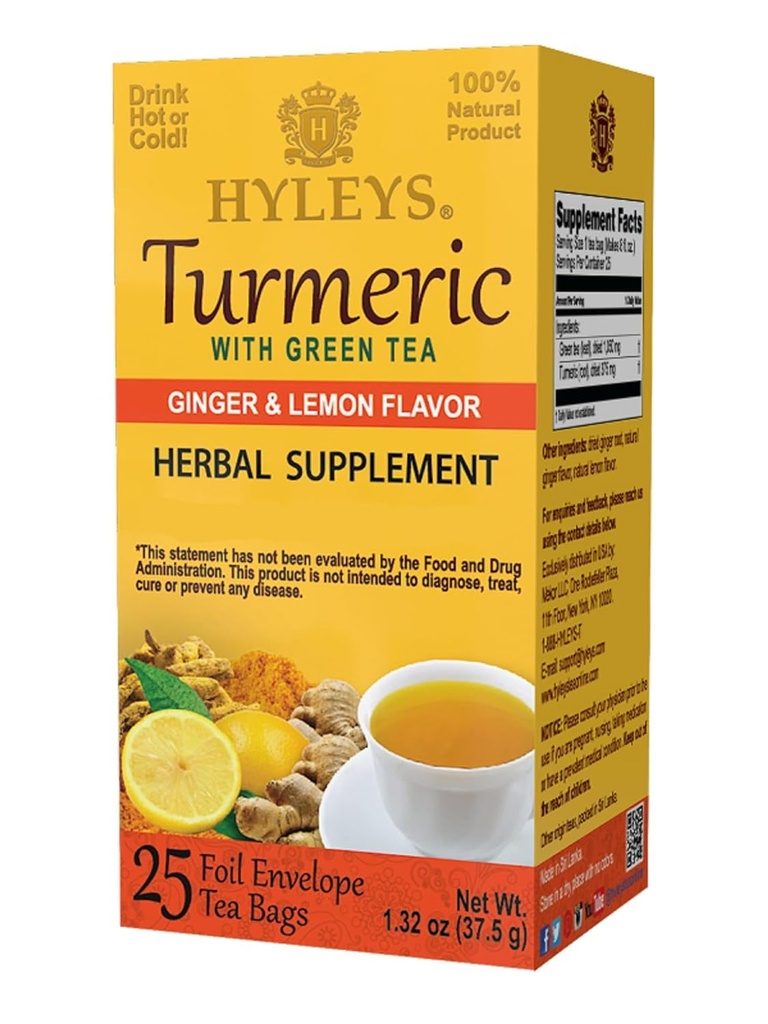 Hyleys Ginger Turmeric Tea Lemon Flavor - 25 sacos de chá (12 pacote - 300 sacos de chá Total) - Bem-estar Herbal Suplemento Chá Verde