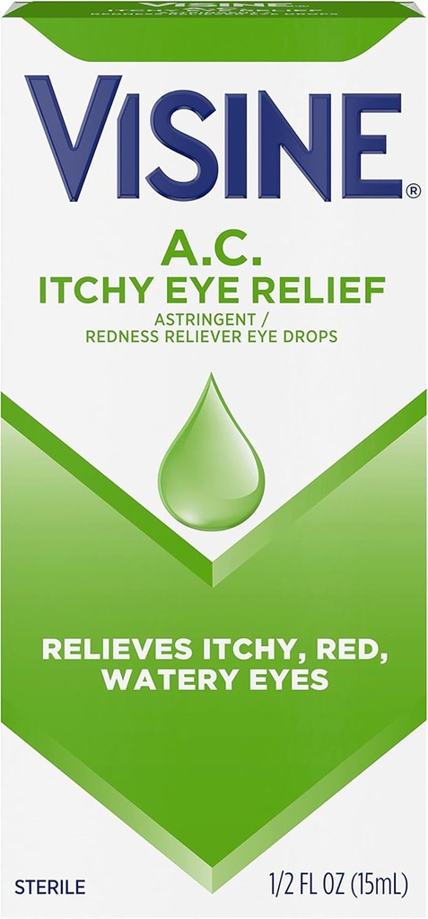 Visine A.C. Itchy Olho alívio gotas de olho com sulfato de zinco e tetrahidrozolina HCl, tratamento de gota de olho com Redness Reliever & Adstringente para Itchy, Vermelho, Aguado e Irritated Olhos, 0,5 fl. oz