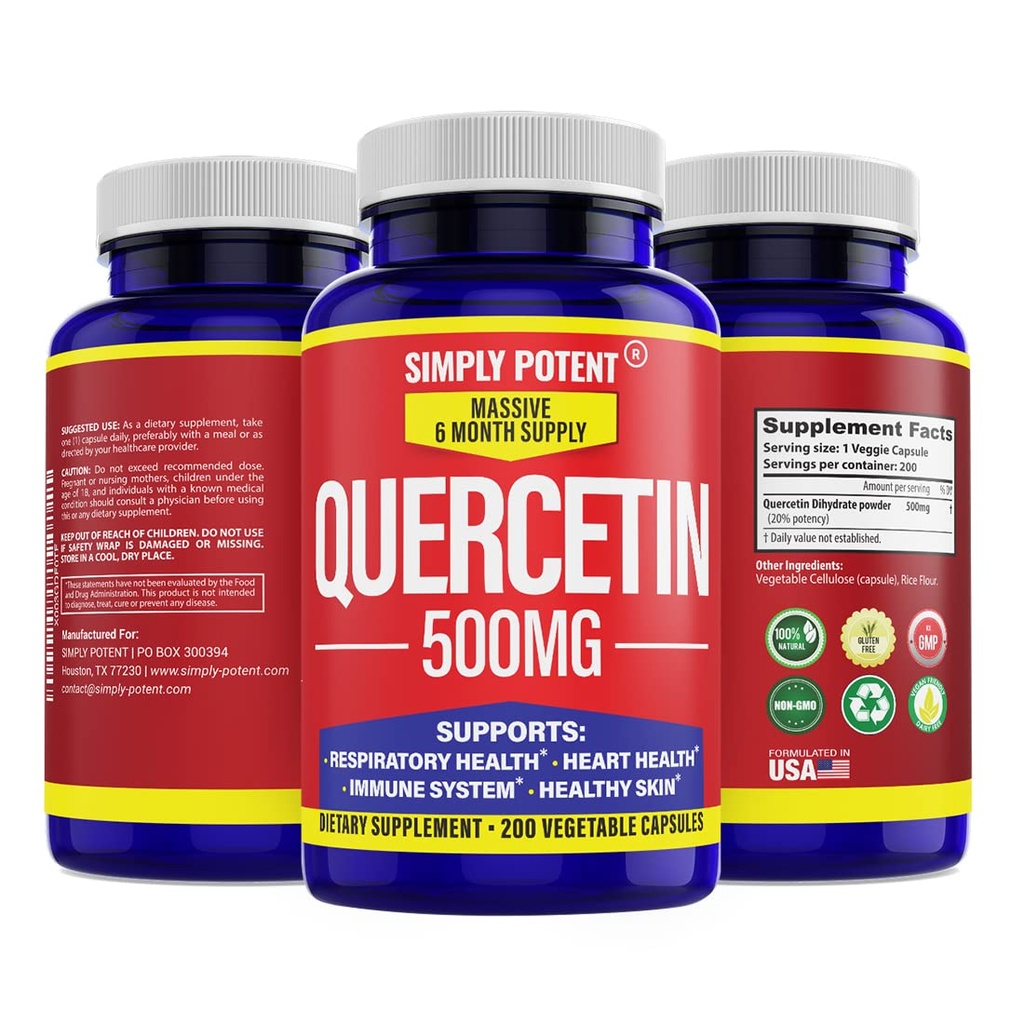 Simplesmente Potent Quercetin Suplementos, Quercetin 500mg 200 Cápsulas, 2 X Quercetin 250mg Phytosome Bioflavonoid Antioxidant Vegan Gluten livre pílulas para apoiar saudável coração celular e Imune Funções