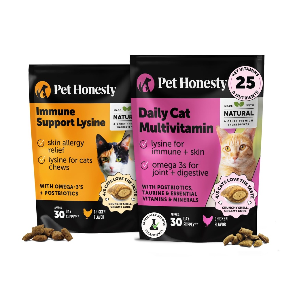 Multivitaminas de gato + suporte imunológico Lysine Dual Texture Chew Supplement Bundle - Suporta Saúde Imune geral, articulações, pele & casaco, e alívio de alergia de gato - espirros, nariz runny