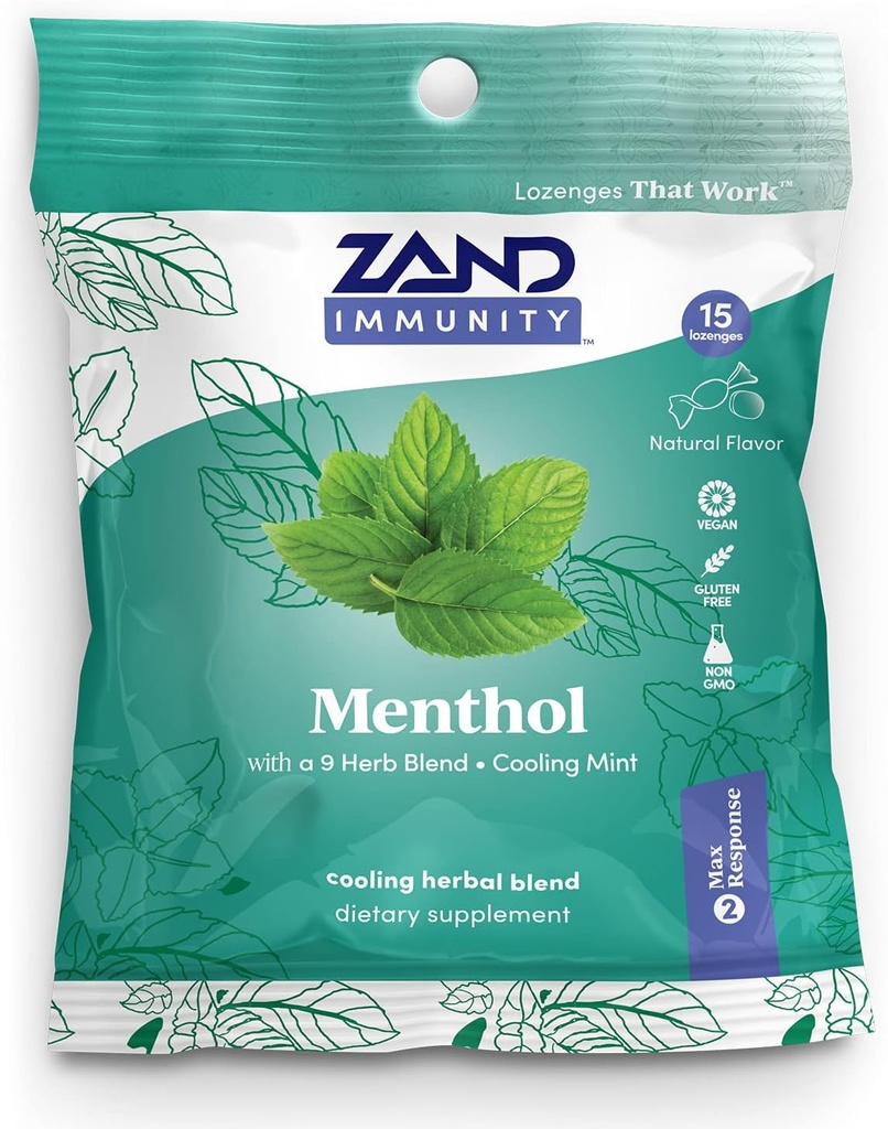 ZAND Immunity Menthol HerbaLozenge Tosse Gotas de Menta, Eucalyptus, Herb Blend, No Corn Syrup (15 Lozenges)