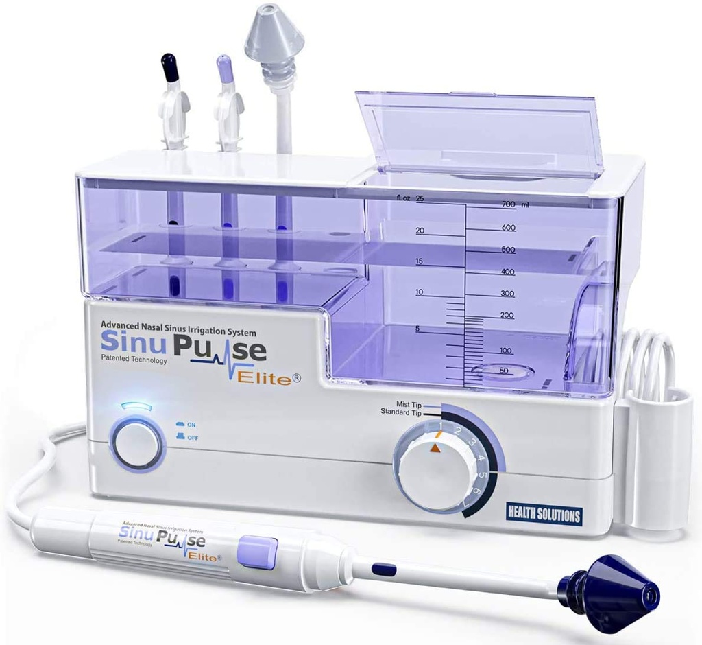 SinuPulse Elite Sistema avançado de irrigação nasal com 30 pacotes de salina SinuAir, Pulsando alívio de congestão nasal & máquina de lavagem sinusal, mais eficaz do que Neti Pot ou Spray de nariz