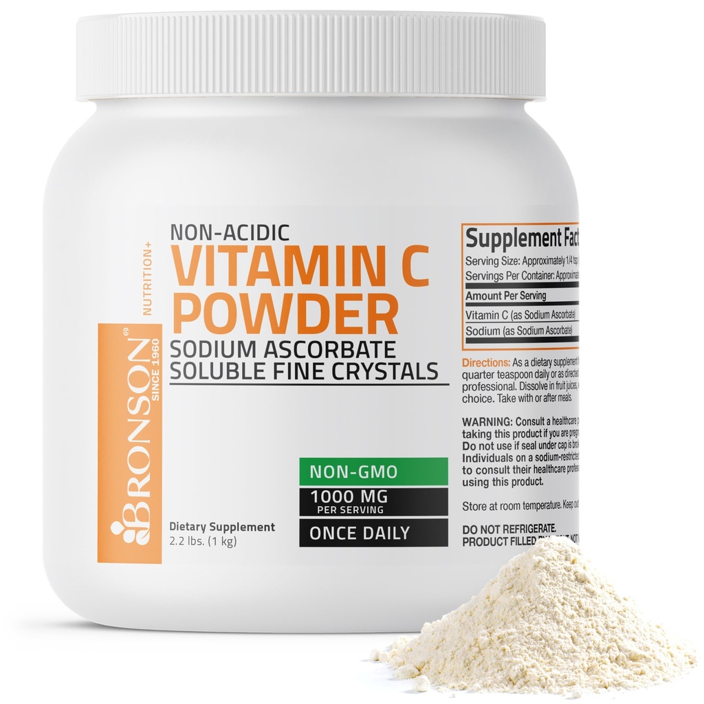 Bronson não ácido vitamina C pó de sódio Ascorbato não OGM Cristais finos solúveis - Sistema imunológico saudável, antioxidante e proteção celular, 1 quilograma (2,2 lbs, 35,3 onças)