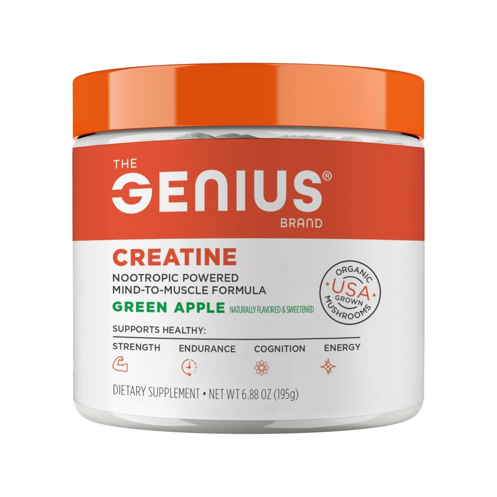 Genius Creatina Micronizada Mono-hidratada em pó, pós-treino Suplemento, maçã verde - 100% naturalmente aromatizado e adoçado - apoia construção muscular, energia celular e função cognitiva – 195g