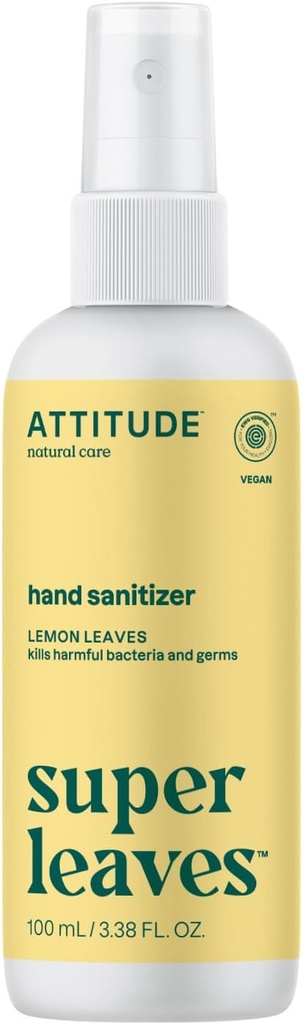 ATTITUDE Hand Sanitizer Spray, EWG Verificado, Mata Germes & Bacteria, Vegan & Planta-baseada, seguro para adultos e crianças, Folhas de limão Scent, 3.38 Fl Oz (Garrafa Spray)