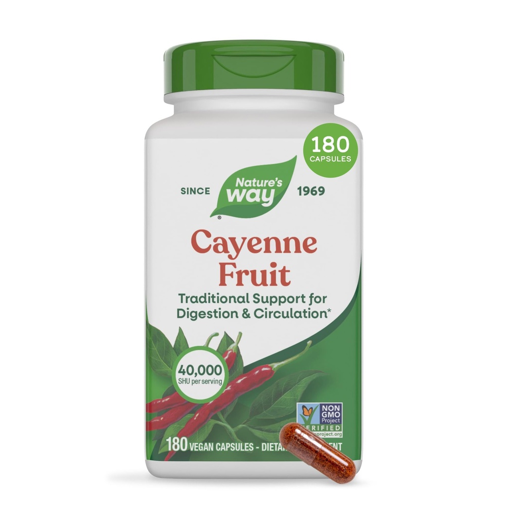 Nature's Way Cayenne Pepper Cápsulas, Digestão Tradicional & Suporte Circulação*, Capsaicin, Projeto não-GMO verificado, Gluten Free, 180 Cápsulas Vegan (Pacote de Maio Vary)