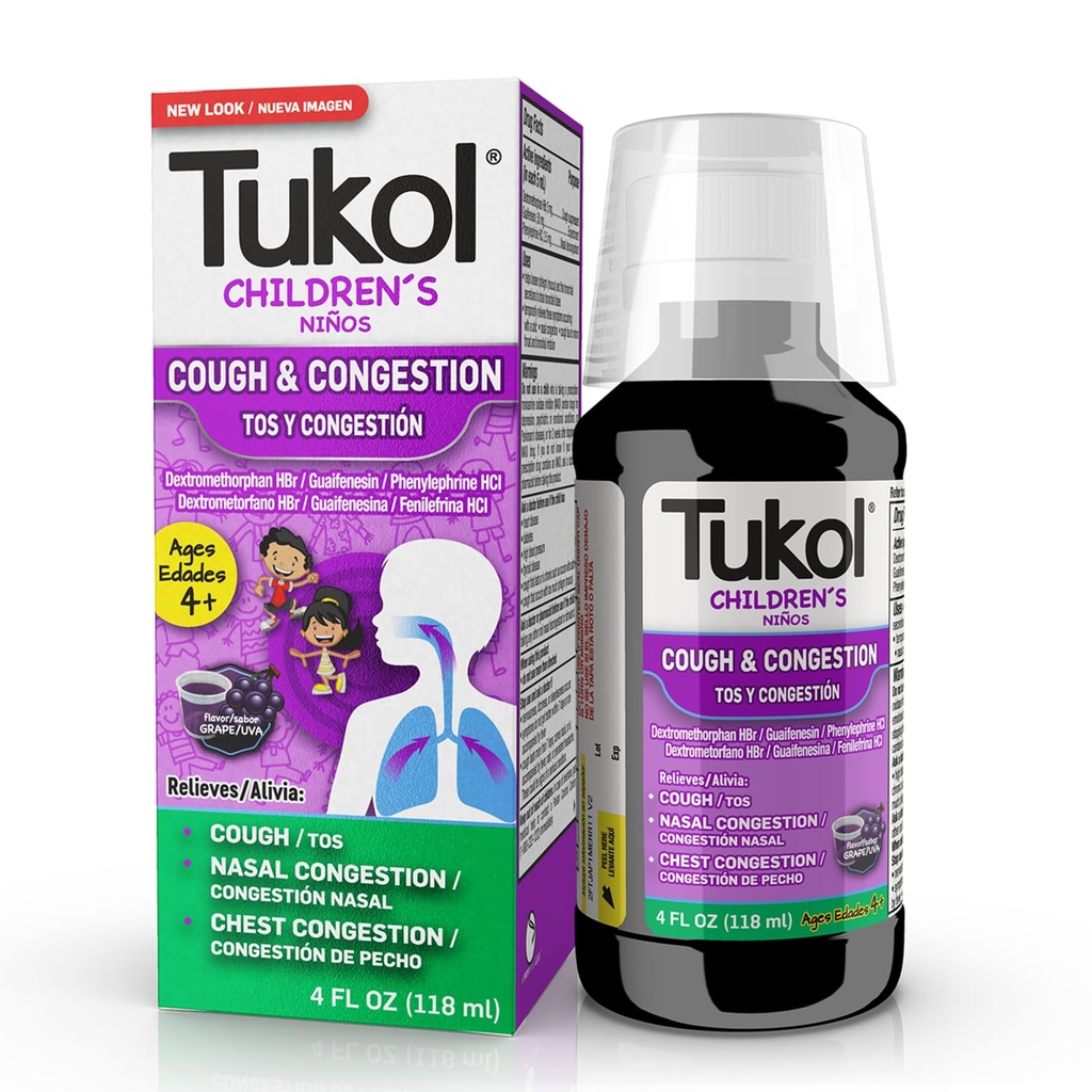 TUKOL Children's Tosse Medicine - Tosse & Congestion Alívio, Supressor de Tosse Chescial para Crianças, Medicina Frio e Tosse Infantil, Crianças Tosse Syrup para Idades 4+ Sabor de Uva 4 FL OZ