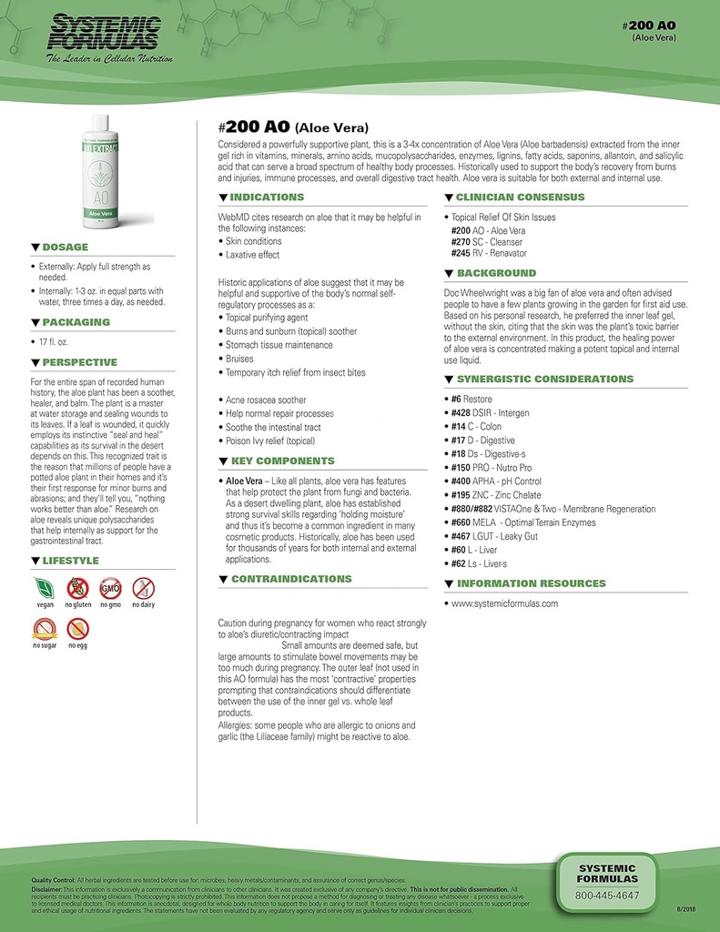 Fórmulas Sistémicas AO – Aloe Vera 16 Fl Oz BioExtract #200. 3-4x Concentração de Aloe Vera Extract from Inner Gel Rich. for Internal & External use.