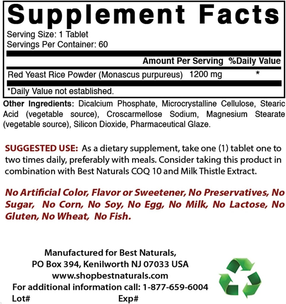 Best Naturals Red Levedura Arroz 1200 Mg & Niacin 500 mg