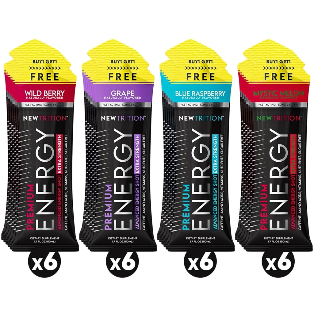NewTrition® Extra Strength Energy Shots 1,7 fl oz (Pacote de 24, 4 sabores) - 250mg Cafeína com B Vitaminas e Aminoácidos, Zero Caloria Zero sem açúcar Vitamina Energia Bebida para Foco & Endurance (Mixed-1)