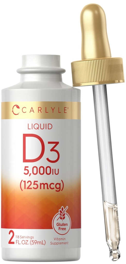 Vitamina D3 Líquida Carlyle 5000 UI (125 mcg) 2 onças Vegetariana, Não-GMO e Suplemento Glúten