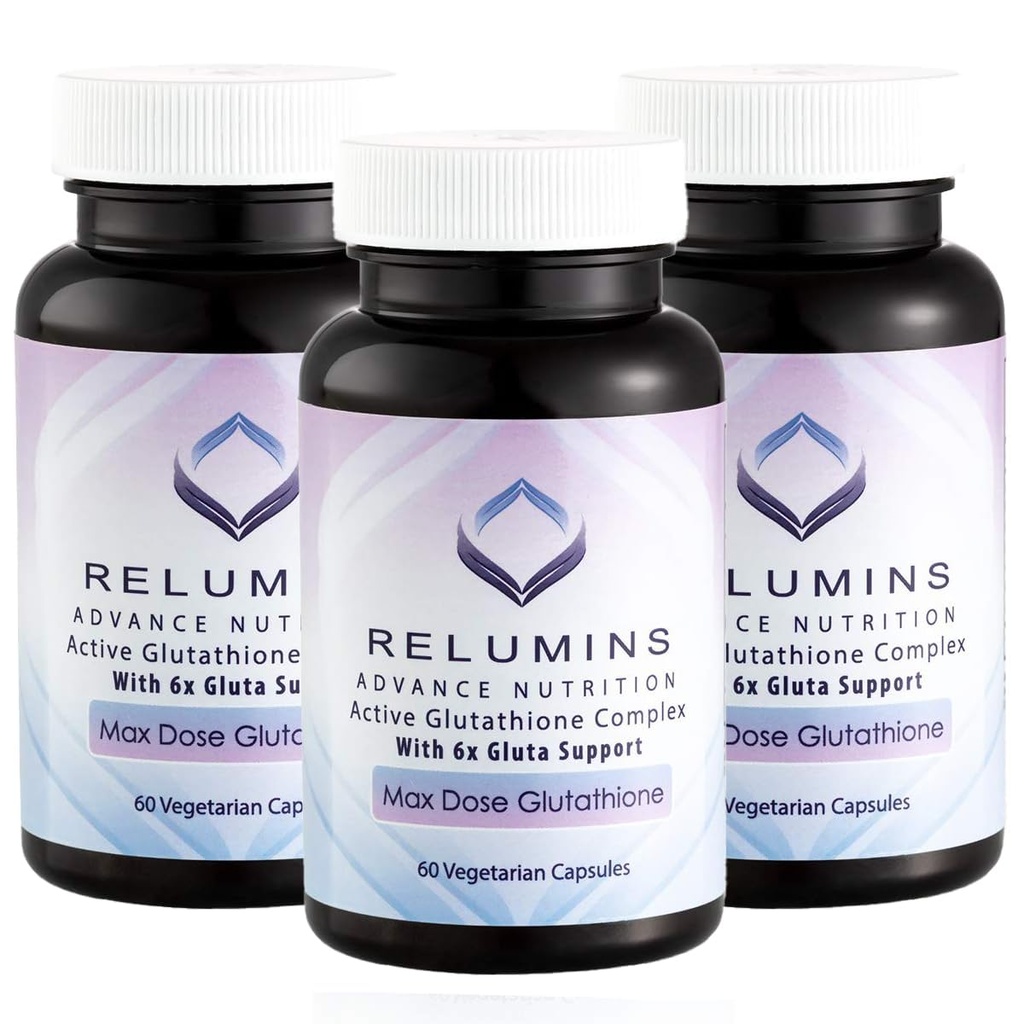Reluminas Advance White Active Glutation Complex - Dose máxima 900mg Glutationa com 6X Boosters, ALA & NAC - Anti-Aging Skin Brightening Supplement - 60 Caps x 3 Garrafas