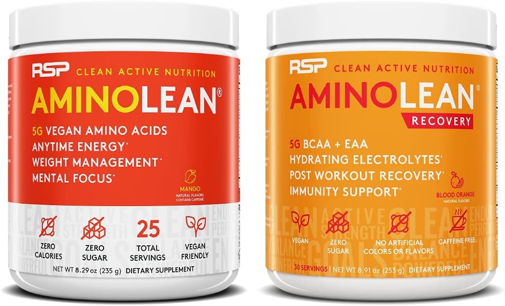 RSP NUTRITION Vegan AminoLean pré-treino Energia (Mango 25 Servings) com AminoLean recuperação pós treino Boost (Sangue laranja 30 Servings)