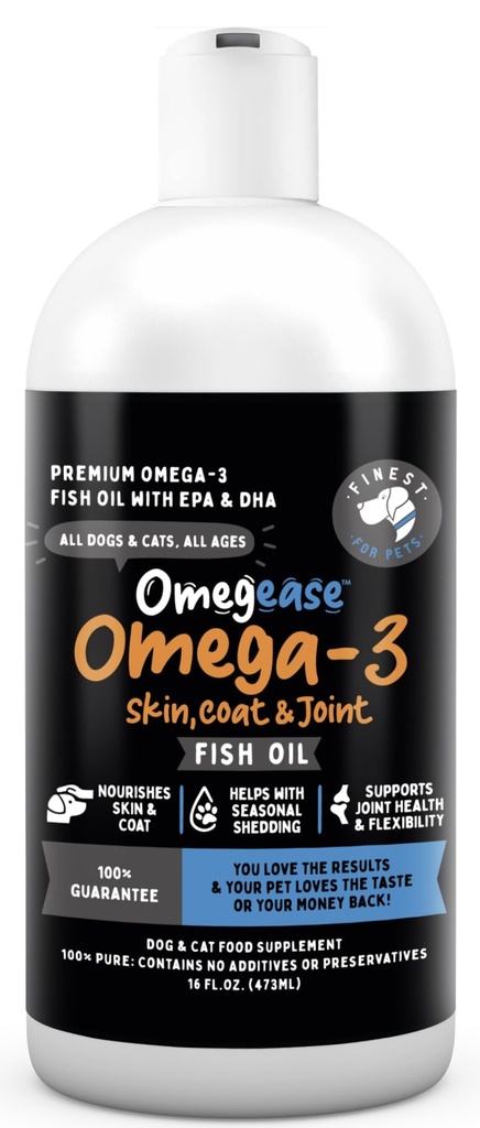 Óleo de peixe Omegease para cães e gatos - mais fino para animais de estimação Omega 3 para gatos e cães - Suplemento para pele e casaco, coceira, pastoreio, articulações e saúde imunitária - 100% Puro óleo de peixe Omega com EPA & DHA (16 onças)