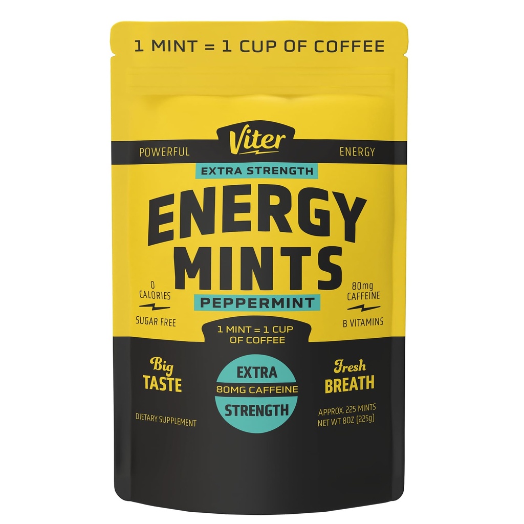 Viter Energia Extra Força Menta Cafeinada 80mg Cafeína, B Vitaminas, Açúcar Livre. (Peppermint, 8 onças, Bolsa em massa)