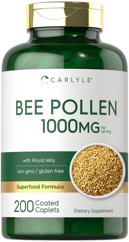 Carlyle Bee Pollen Supplement (ou 1000mg) 200 Caplets (ou 200 Caplets) com geléia real e própolis para homens e mulheres (ou Vegetarian, Non-GMO, Gluten Free)
