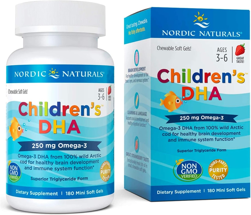 Naturals nórdicos DHA 250 mg Mastigações infantis, Morango, 180 ct