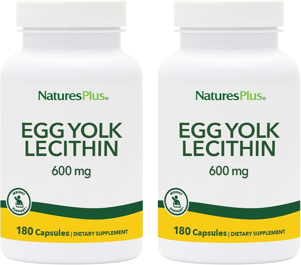 NaturesPlus Egg Yolk Lecithin - 600 mg, 180 Cápsulas - Embalagem de 2 - Soy Free, Gluten Free - 180 Total Servings