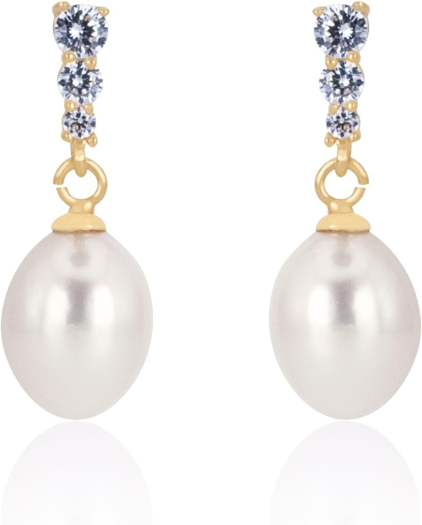 18K Gold Plated Sterling Silver Dangle White Drop Escolhido a Dedo Qualidade Água doce Cultivado Brincos de casamento pérola com cristais de Zirconia cúbica Pearl Brincos Bridal Jóias para noivas