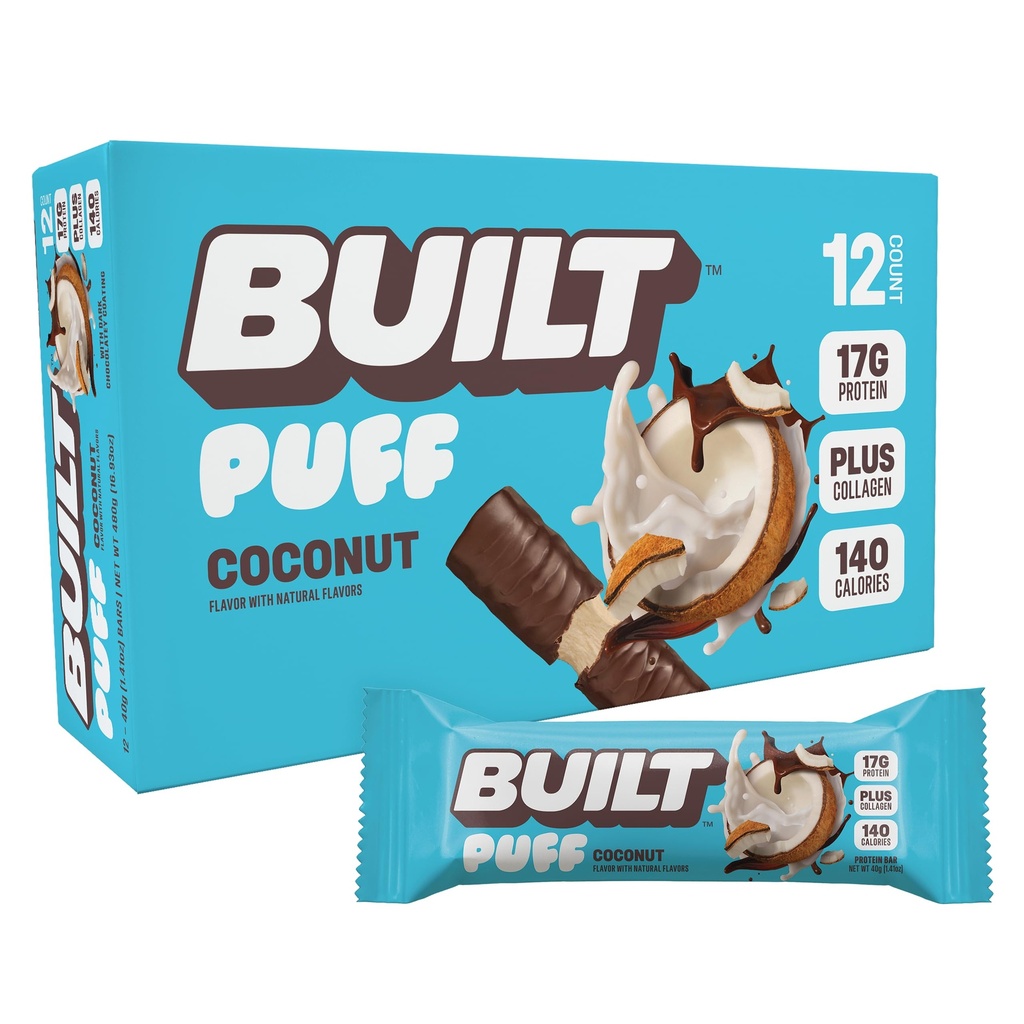 Barra construída, Puff Protein Bars, Puff de coco, 17g Snacks Protein, On-The-Go Bars, Apenas 140 calorias, 6g Açúcar, Colágeno, Sem glúten, 12 Contagem
