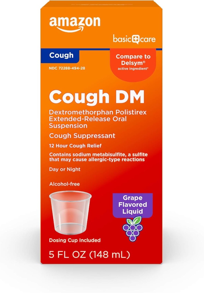 Cuidados básicos 12 horas de tosse Xarope de DM, Dextrometorfano de libertação prolongada, Medicina Líquida do Flavor da Uva, 5 fl oz (Pack of 1)