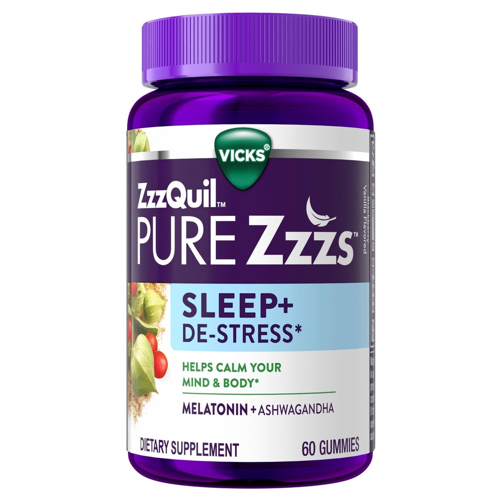 ZzzQuil Pure Zzzs De-Stress 2mg Gummies Melatonina, , Aids do sono para adultos, Ashwagandha para suporte ao estresse, 60 Gummies