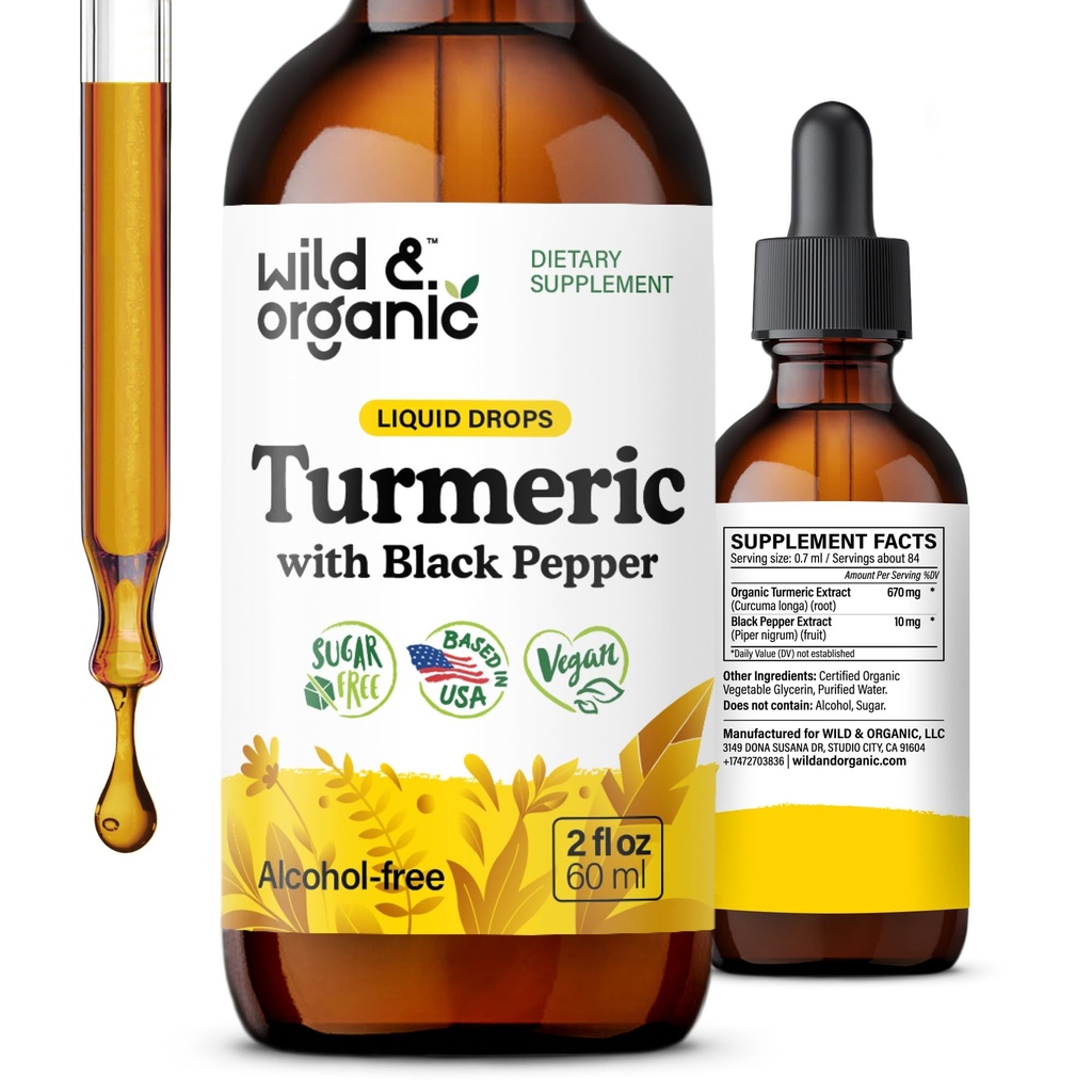 Wild & Orgânico Suplemento Acúrmico Líquido - Apoio Conjunto - Curcumina Turmérica com Extrato de Pimenta Negra - Curcumina Raízes Drops - Vegan, Açúcar & Tintura sem Álcool - 2 fl oz