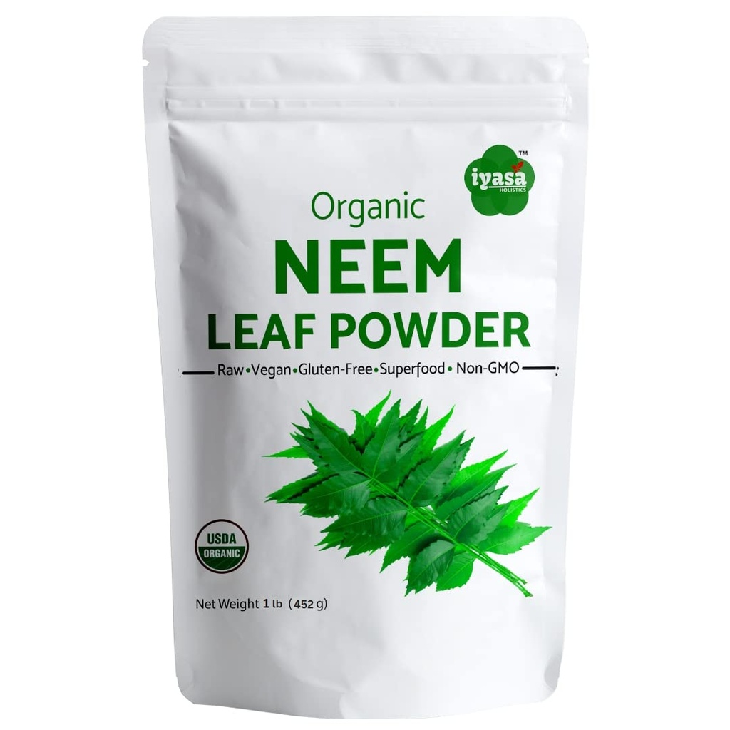 Iyasa Holistics Organic Neem Powder Ayurveda erva e superalimento, Suporta Purificação de Sangue e Fígado, Promove Cabelo Saudável e Pele Limpa, Saco Resealable de 16 oz/ 453g