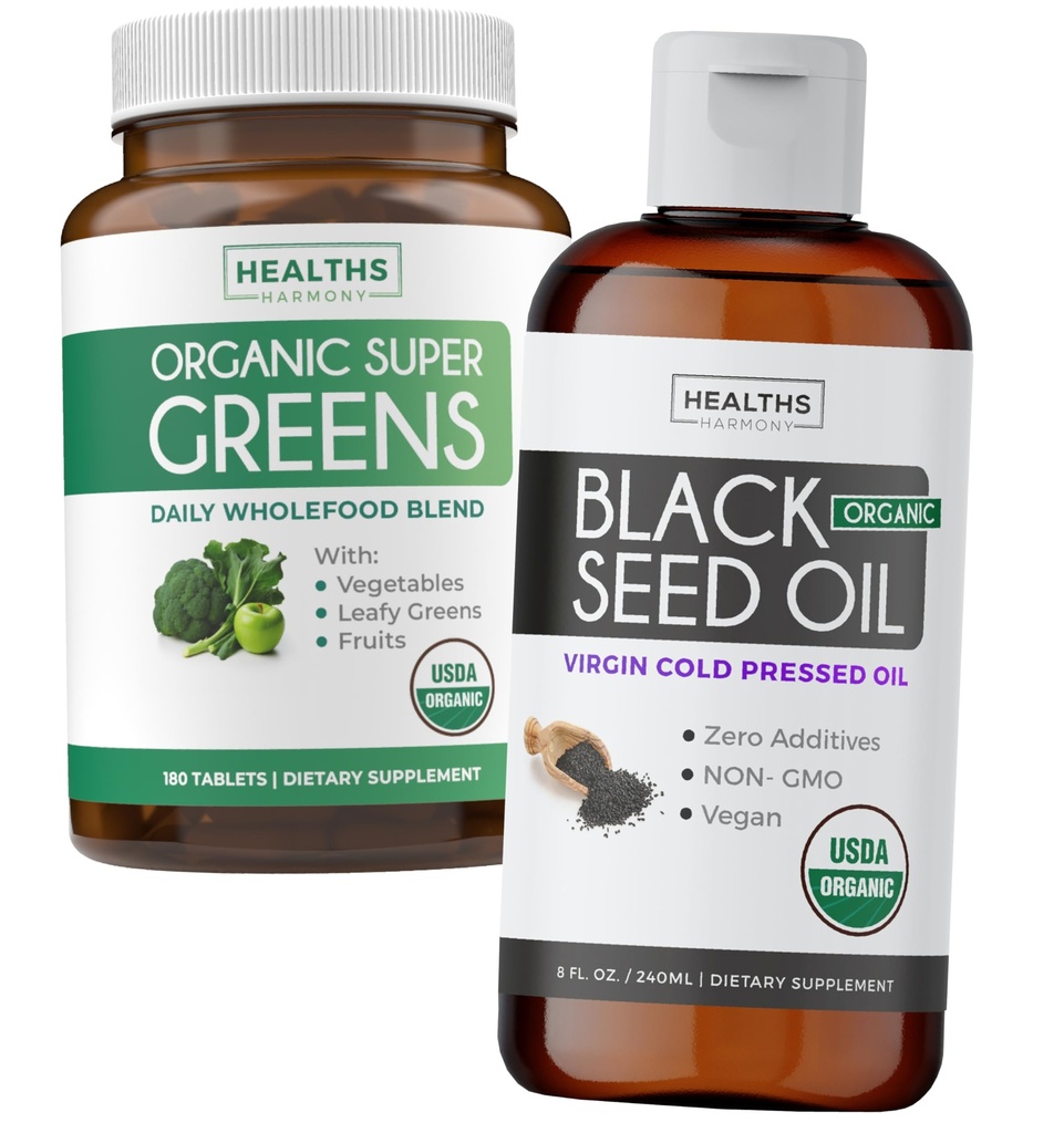 Super Greens & Black Seed Oil (3-mês de fornecimento) Herbal Oil Blend Bundle of Organic Super Greends Powder - Complete Superfood (180 Cápsulas) & Organic Black Seed Oil Liquid - Frio prensado (8 fl oz)