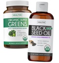Super Greens & Black Seed Oil (3-mês de fornecimento) Herbal Oil Blend Bundle of Organic Super Greends Powder - Complete Superfood (180 Cápsulas) & Organic Black Seed Oil Liquid - Frio prensado (8 fl oz)