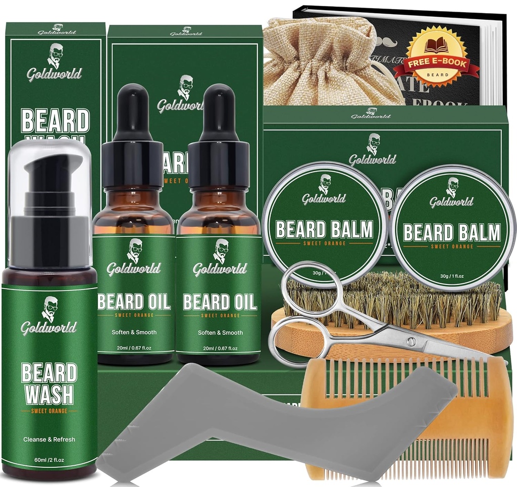 Kit de barba, kit de jarda w/2 pacote de barba óleo & 2 pacote Balm de barba, Natal meia recheadores Presentes para homens ele marido pai namorado, kit de barbear w / escova de escova de escova de escova de banho