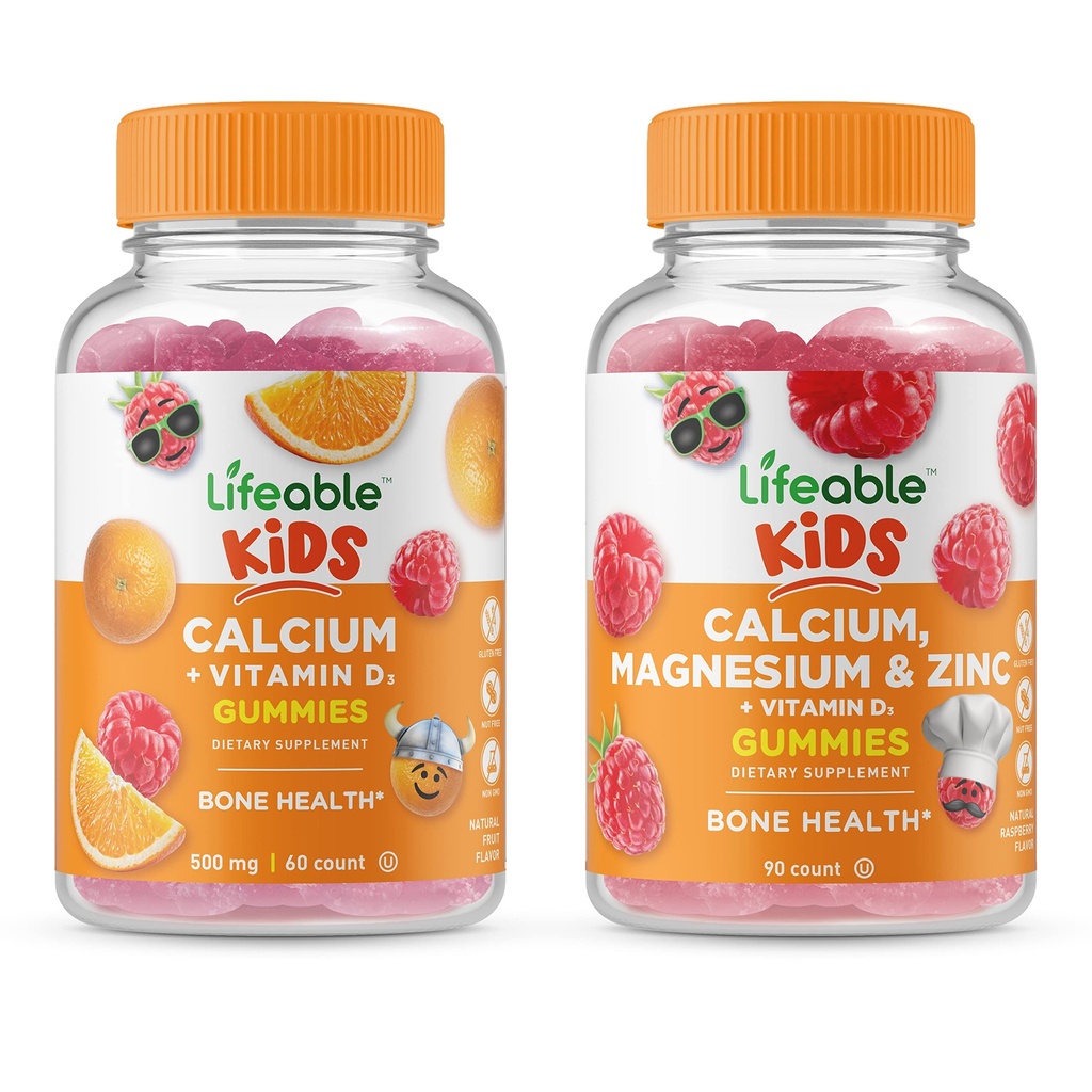 Cálcio vitalício com vitamina D Kids + Magnésio de cálcio e zinco Kids, Gummies Bundle - Grande degustação, Suplemento Vitamina, Sem glúten, GMO livre, Gummy mastigável