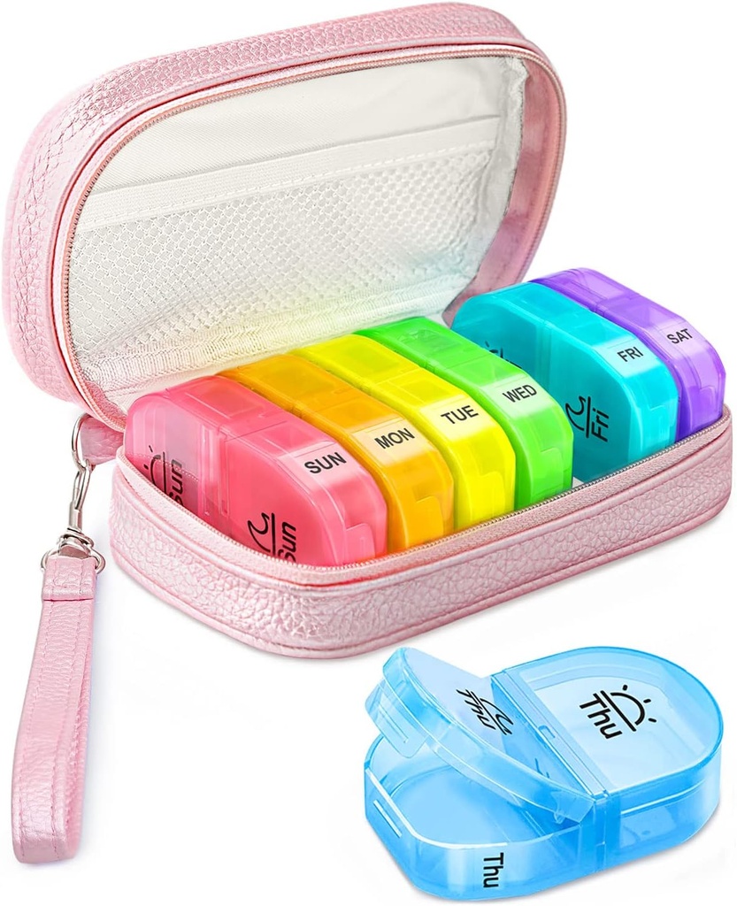 Organizador de pílulas bonito 2 vezes por dia, PU Caixa de pílulas de couro para mulheres, Caixa de pílulas semanal portátil para bolsa com saco de armazenamento para segurar vitaminas, medicamentos, óleo de peixe, suplementos (rosa)