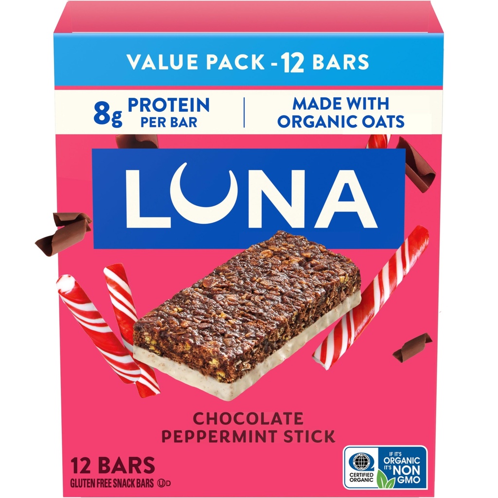 LUNA Bar - Chocolate sabor vara de hortelã - Lanches - Não-GMO - Bares de proteína sem glúten - Feito com aveia orgânica (12 Pack)