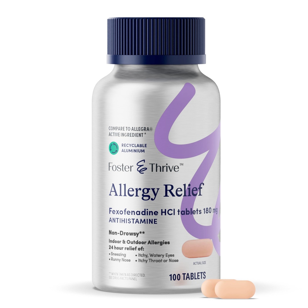 Foster & Thrive Fexofenadina HCl Non Drowsy Allergy Relief for Hay Fever, Pollen, Itchy Eyes, and Sazonal Allergies, Effective Support for Kids and Adults, 180 mg, 100 Tablets