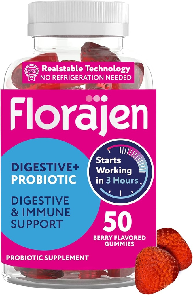 Gummies Probióticas Orgânicas Florajen para Mulheres e Homens - Gut Health & Imune Support Supplement - Obstipação e alívio de inchaço - 50 Gummies
