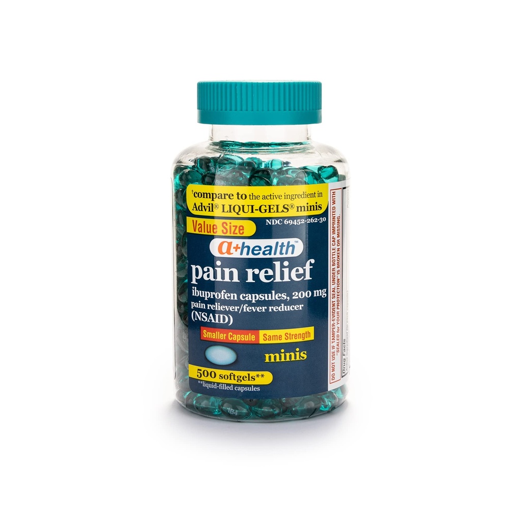 A+Health Mini Ibuprofeno 200 Mg Softgels, Reliever/Redutor de Febre (NSAID), contagem de 500