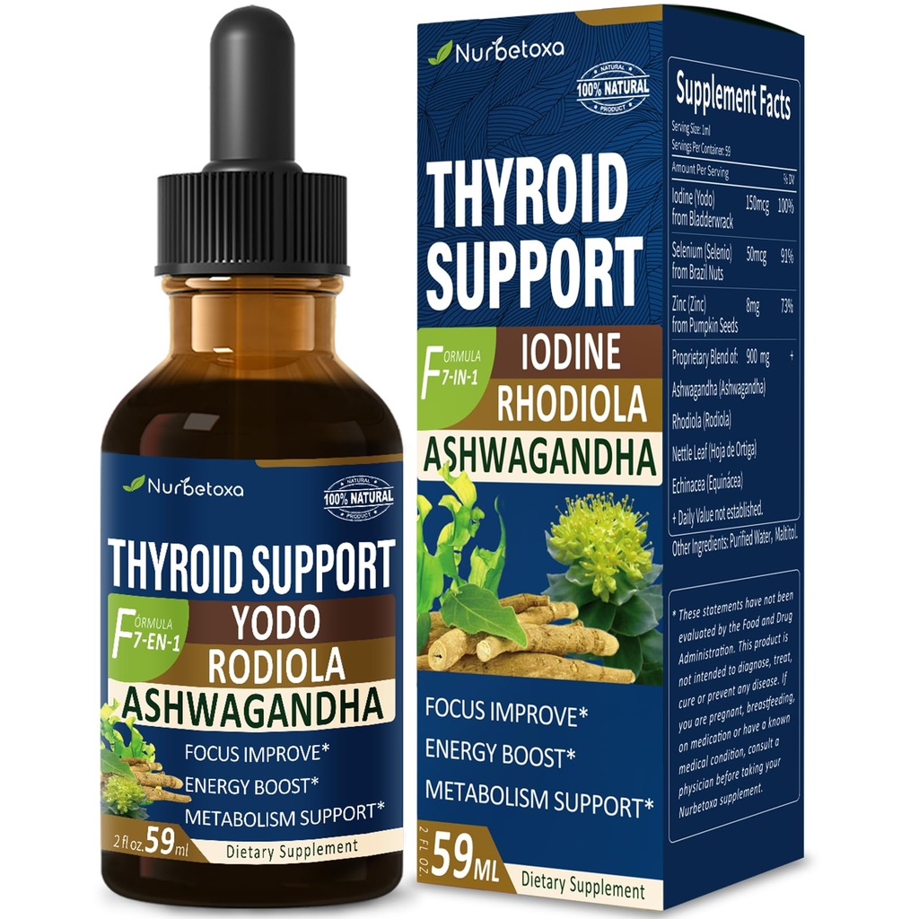 Thyroid Support Drops - Suplemento de Iodo Líquido, Gotas de YODO y Selenio para Tiroides, Con Rodiola Semenovii y Ortiga, Fight Brain Fog w/Ashwagandha & Rhodiola Extract Tincture.2 oz