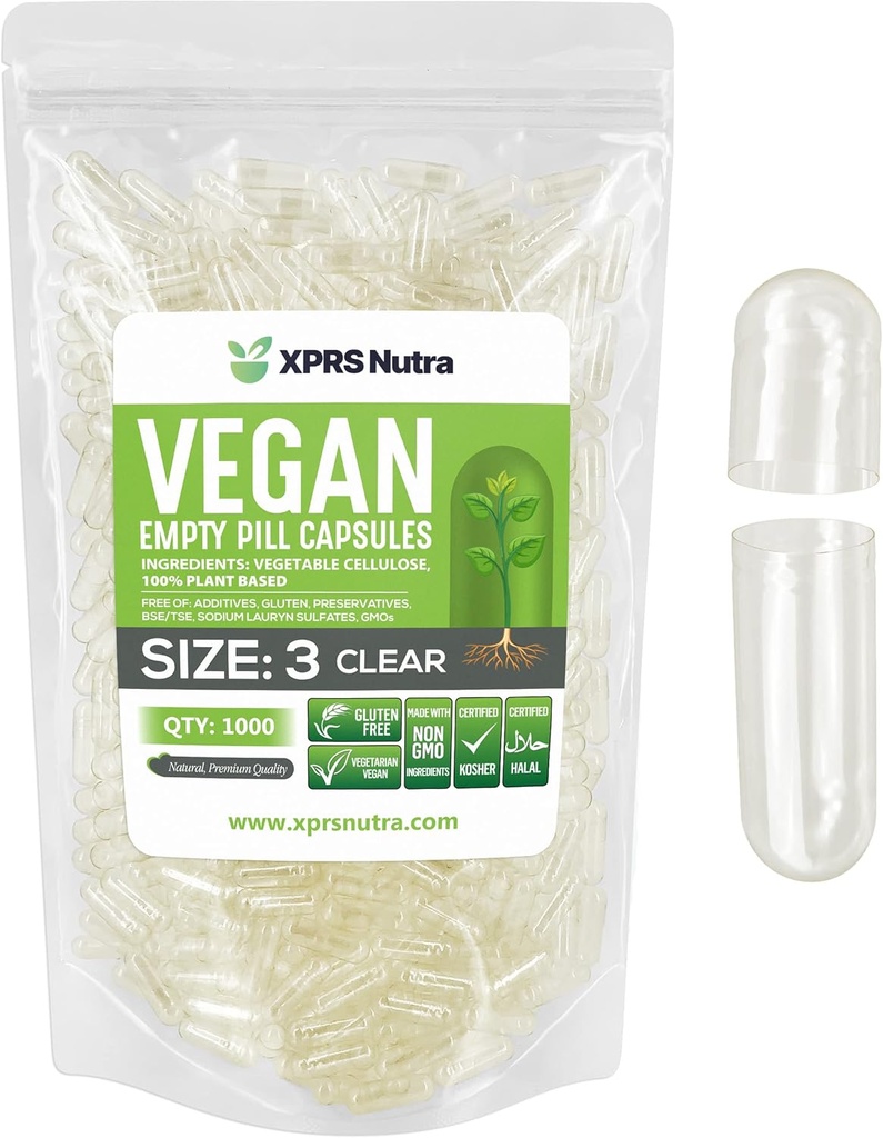 XPRS Nutra Tamanho 3 Cápsulas Vazias - 1000 Contagem Limpar Cápsulas Veganas Vazias - Comprimidos Vegetarianos - Enchimento de Cápsulas Vegetais DIY - Cápsulas Vegetais