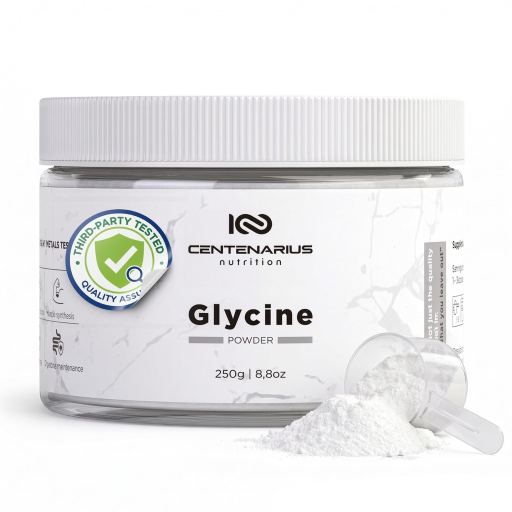 Glycine Powder 250g □ Suplemento de Aminoácidos Não Essenciais para Recuperação muscular pós-treino, Digestão, Ajuda ao Sono + Mais - Vegan, Aditivo-Livre, Terceira parte testado □ Nutrição Centenario