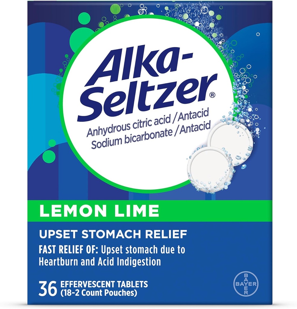 Alka-Seltzer comprimidos de alívio da azia de limão limão, alívio rápido da indigestão ácida, antiácido com sabor limão 36 Ct