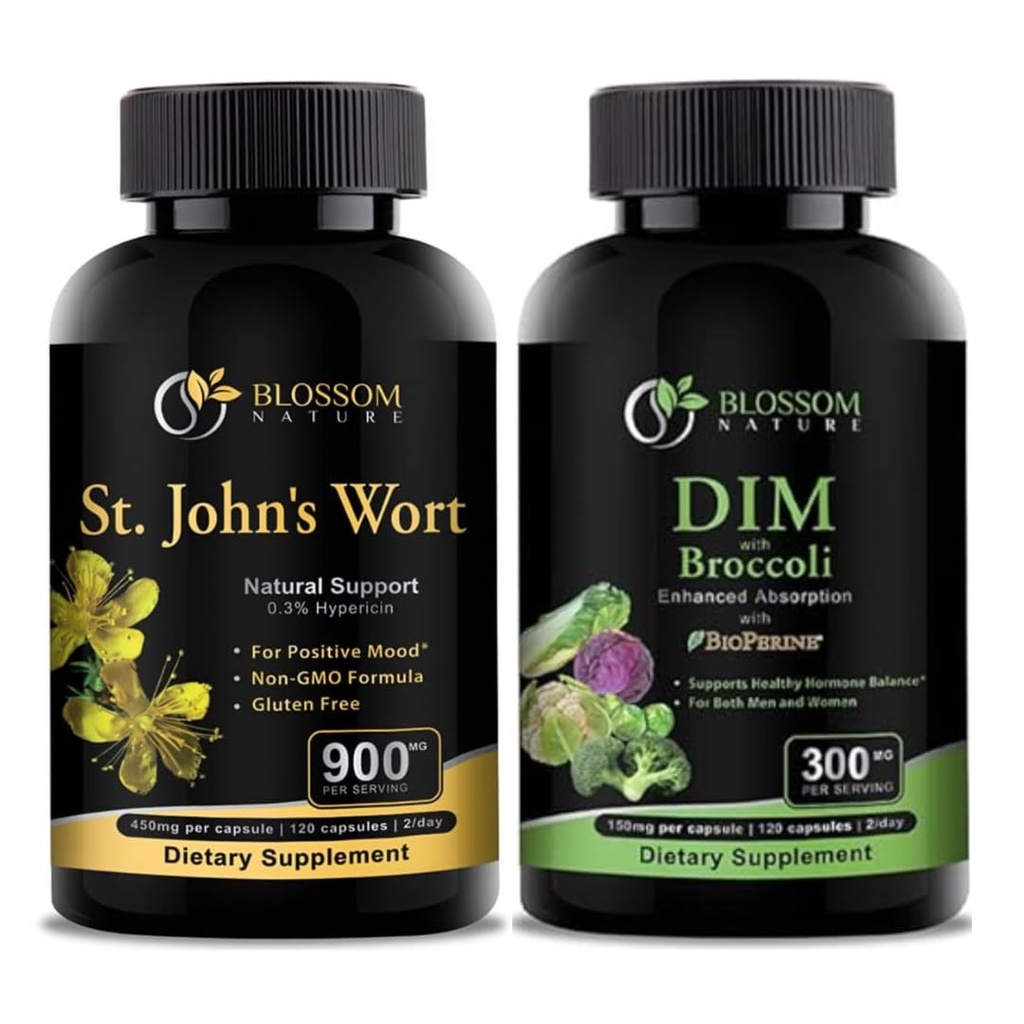 St Johns Wort 900mg-Mood Supplement-Calm Suplementos. Suplemento DIM 300mg com brócolis 200mg BioPerine 10mg-Hormona e Estrogênio para Mulheres e Homens.120 Cápsulas Vegetais (2 MESES FORNECIMENTO)