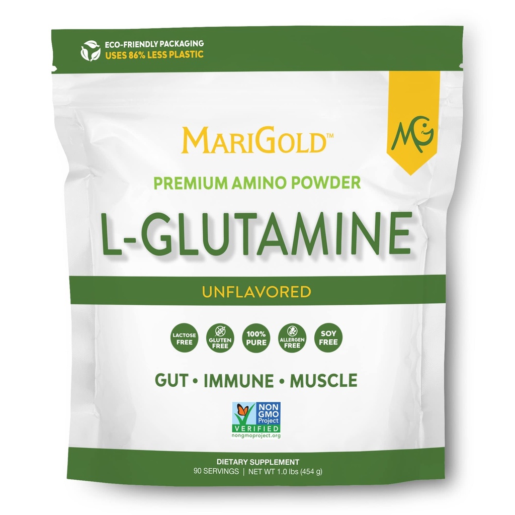 MariGold Pure Unflavored L-Glutamina em pó - Gut saudável, Imune, e apoio muscular, Não-GMO, Gluten Free, Soy & Allergen Free (5g / 5000mg por serviço)