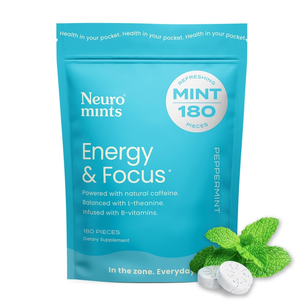NeuroGum Energy Caffeine Mints (180 peças) - Açúcar grátis com L-teanina + Cafeína natural + Vitamina B12 & B6 - Nootropic Energy & Focus Supplement for Women & Men - Keto & Vegan, sabor de hortelã