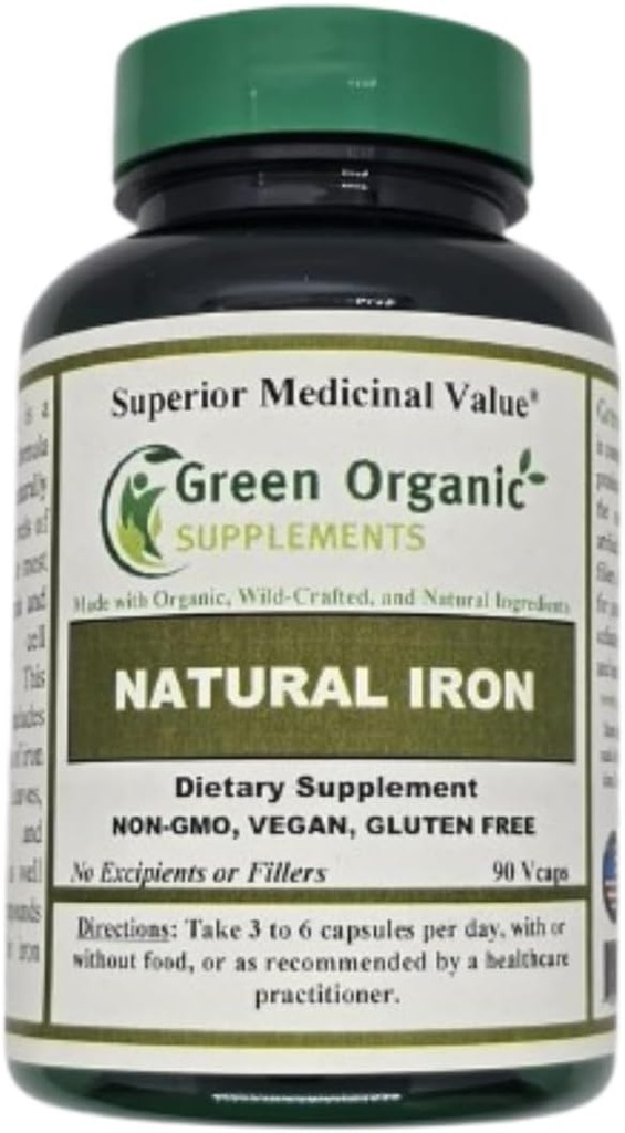 (Pacote de 1) Verde Suplementos Orgânicos' Ferro, 2000mg Cápsulas de Ferro Orgânico, 90, Feito à mão, Vegan, Não-GMO, & Cápsulas de Ferro Natural Gluten grátis