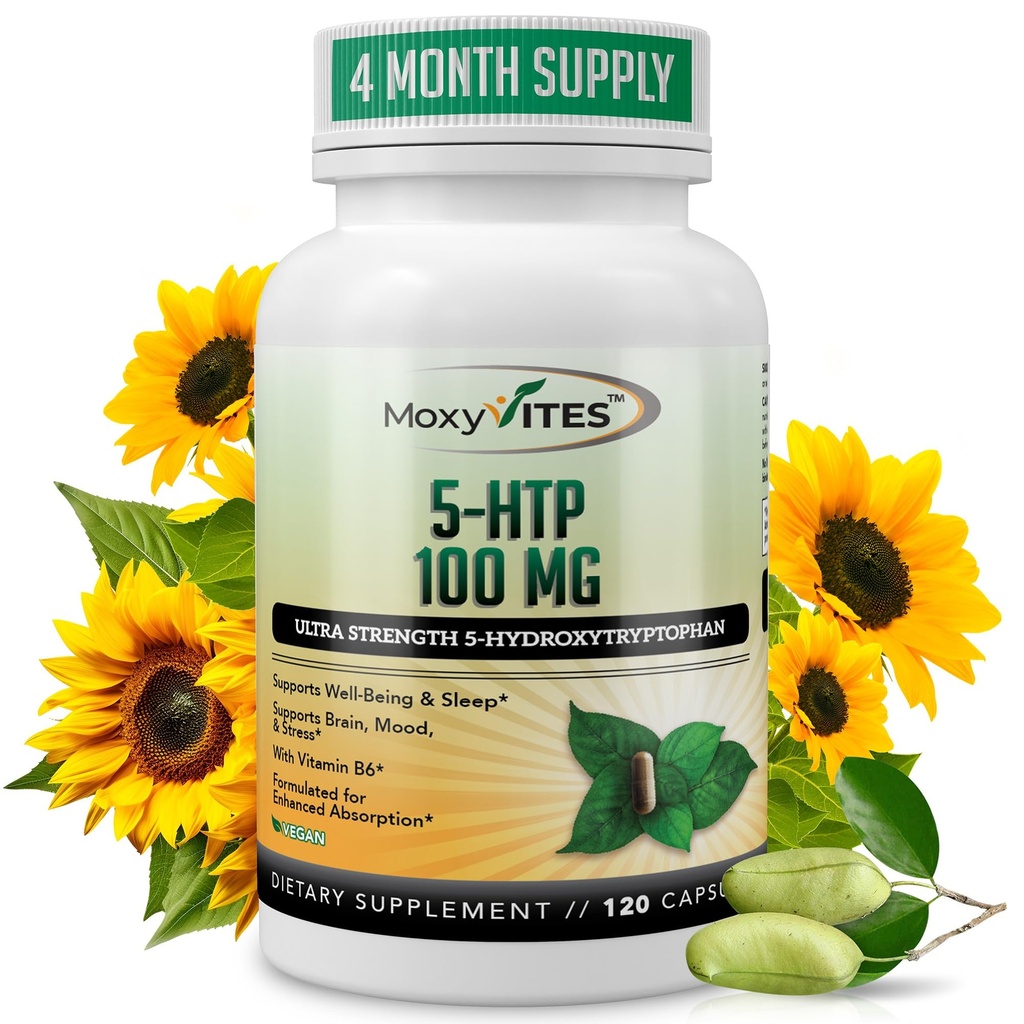 MoxyVites 5HTP 100mg Suplemento, Mais B6, 5 HTP Organic Whole Food - Melhor impulsionador de serotonina - Não-GMO, 120 Cápsulas Vegan