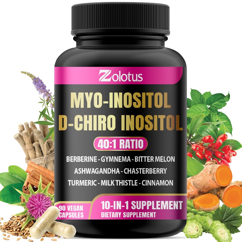 Zolotus Myo-Inositol & D-Chiro Inositol Razão ideal Inositol Suplemento com melosão amarga, cardo de leite, alcaçuz, Gymnema, Chasteberry, Ceilão Cinnamon, Ashwagandha, Berberine - 90 Cápsulas